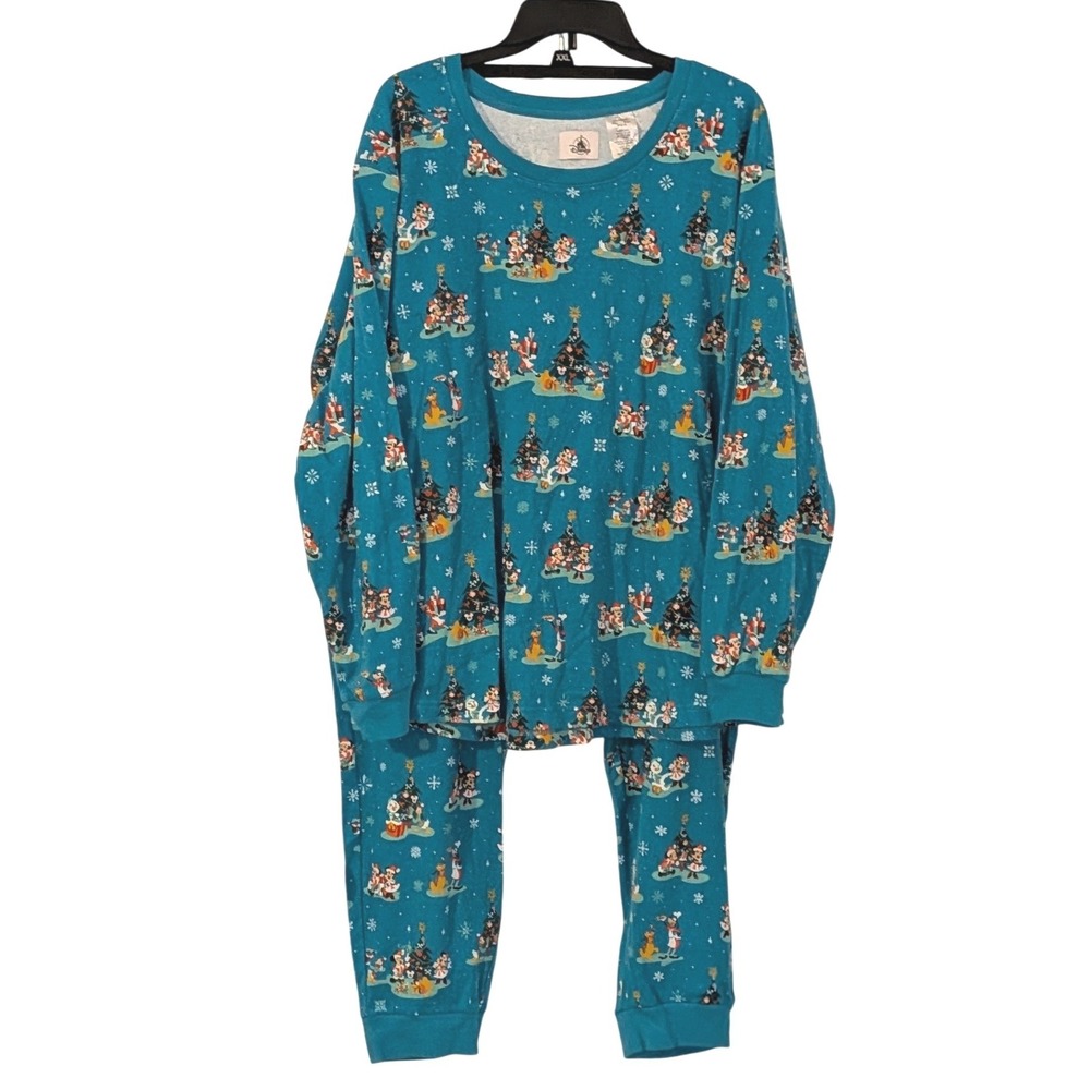 Disney Parks Christmas Pajamas Set Mickey Minnie Goofy Teal Blue 2X NWT